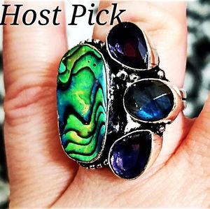 New Abalone Shell, Labradorite & Amethyst 925 Silver Ring.